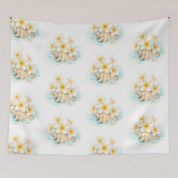 Item preview, Watercolor Tropical Plumeria Flowers And Seashell Beach Art    designed and sold by bvdesignart.