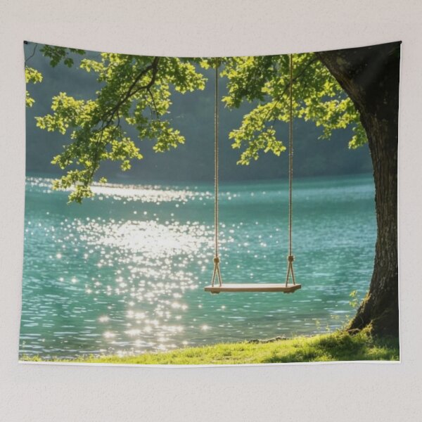 Item preview, Peaceful Tree Swing Over Sparkling Emerald Lake designed and sold by Palette & Hue.