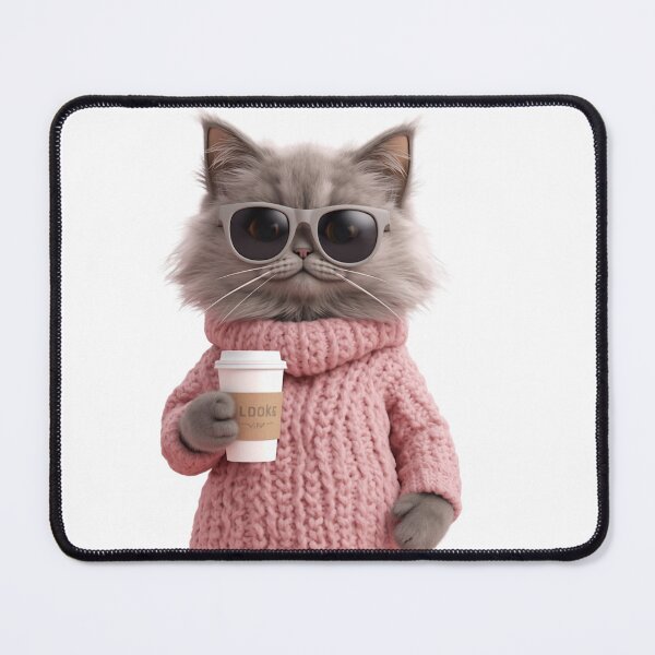 Item preview, Cool Grey Cat with Sunglasses and Pink Cozy Sweater Holding Coffee Cup designed and sold by CreativeOlga.