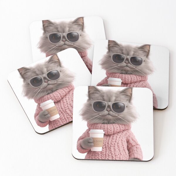 Item preview, Cool Grey Cat with Sunglasses and Pink Cozy Sweater Holding Coffee Cup designed and sold by CreativeOlga.