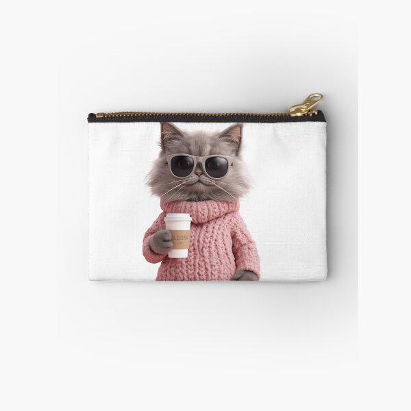 Item preview, Cool Grey Cat with Sunglasses and Pink Cozy Sweater Holding Coffee Cup designed and sold by CreativeOlga.