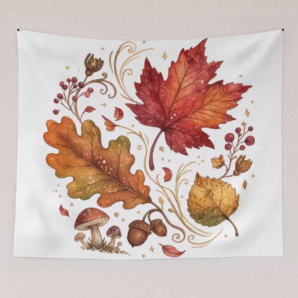 Item preview, Autumn Leaves Mushrooms Acorns Watercolor Botanical Fall Forest Art designed and sold by inkoutninja.