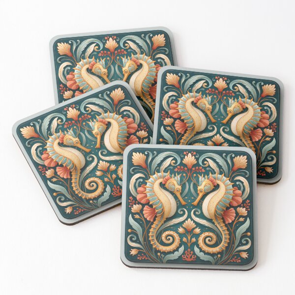 Item preview, Art Nouveau Seahorse Pair Marine Illustration designed and sold by Hoity-Toity.