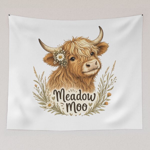 Item preview, Meadow Moo Cute Highland Cow Floral Cottagecore Farm Animal Art designed and sold by inkoutninja.