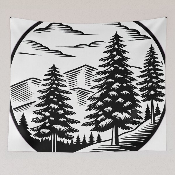 Item preview,  Retro mountain with trees  black and white illustration designed and sold by Expressions-Sel.