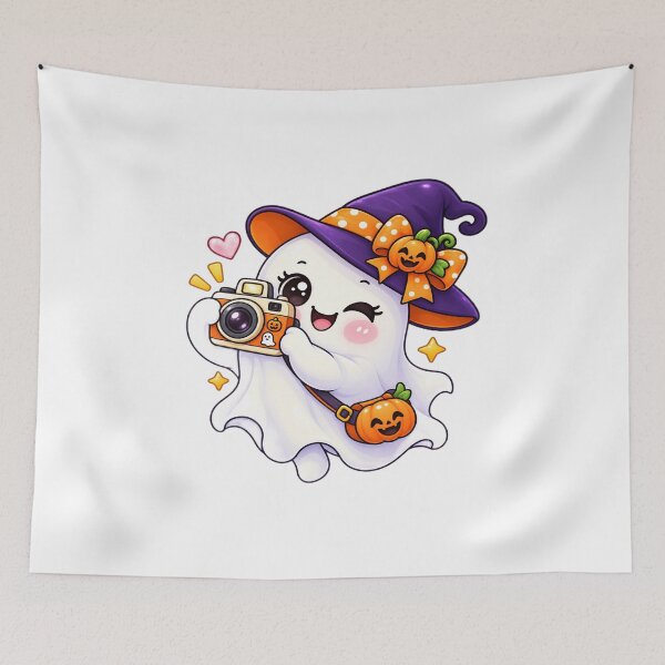 Item preview, Cute Halloween Ghost with Camera Kawaii Pumpkin Witch Hat designed and sold by Pixanova.