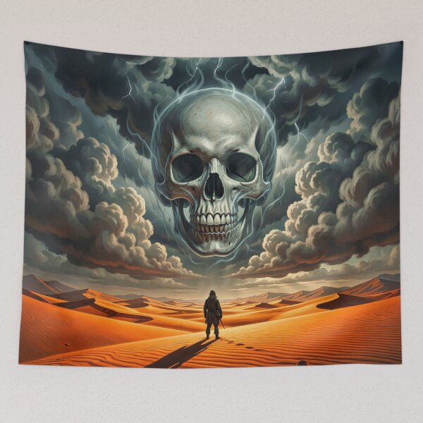 Item preview, Lone Wanderer Faces Giant Skull in Stormy Sky designed and sold by Marcu Ioachim.