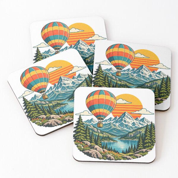 Item preview, Hot air balloon over mountain lake and Alps Retro Sunset designed and sold by LongIslandDesgn.