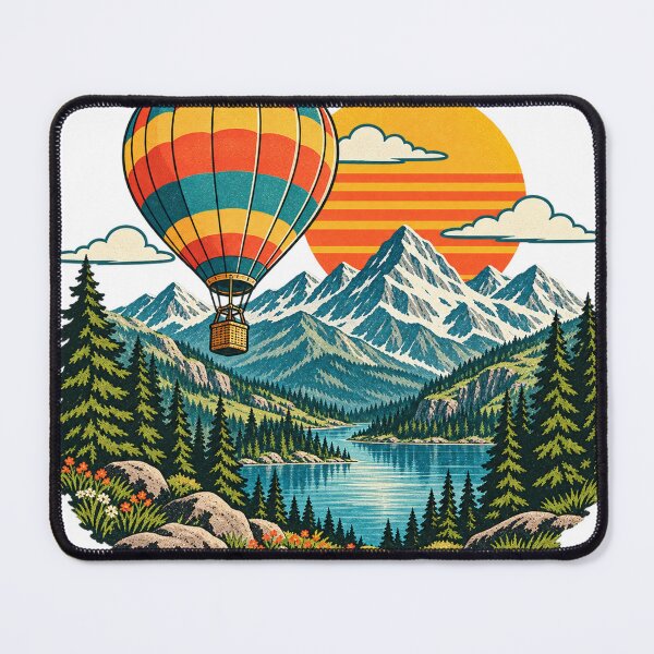 Item preview, Hot air balloon over mountain lake and Alps Retro Sunset designed and sold by LongIslandDesgn.