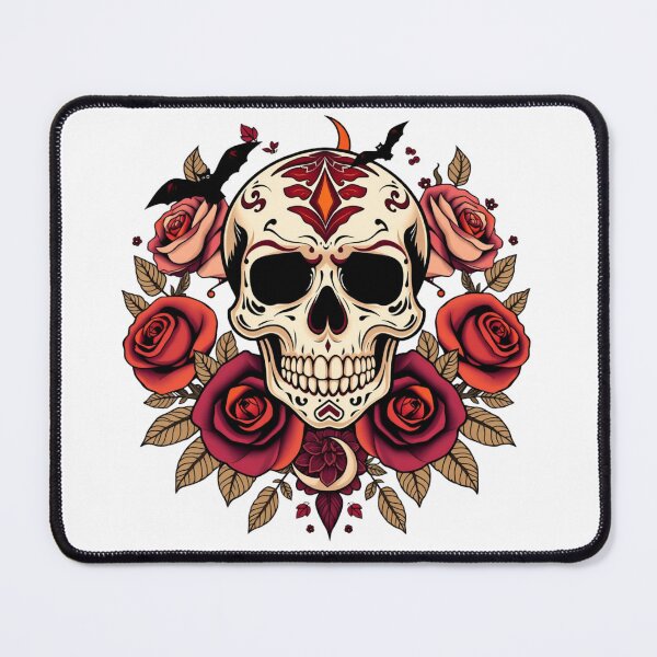 Item preview, Sugar Skull with Red Roses & Bats Halloween Art designed and sold by EG Creativity Art.