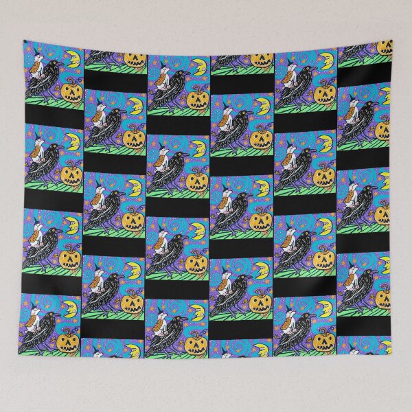Item preview, Cute Dog Witch Riding Giant Crow Primitive Folk Art designed and sold by NitikaNadkarni.