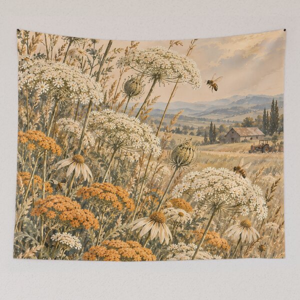 Item preview, Vintage Meadow Wildflower Oil Painting Bees Farm designed and sold by Jozefin's Studio.