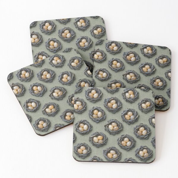 Item preview, Pearl Bird Nests on Sage Green Linen – Elegant Cottagecore Nature Pattern designed and sold by Kaleidoscope Print.