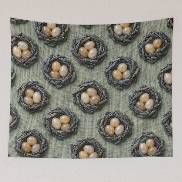 Item preview, Pearl Bird Nests on Sage Green Linen – Elegant Cottagecore Nature Pattern designed and sold by Kaleidoscope Print.