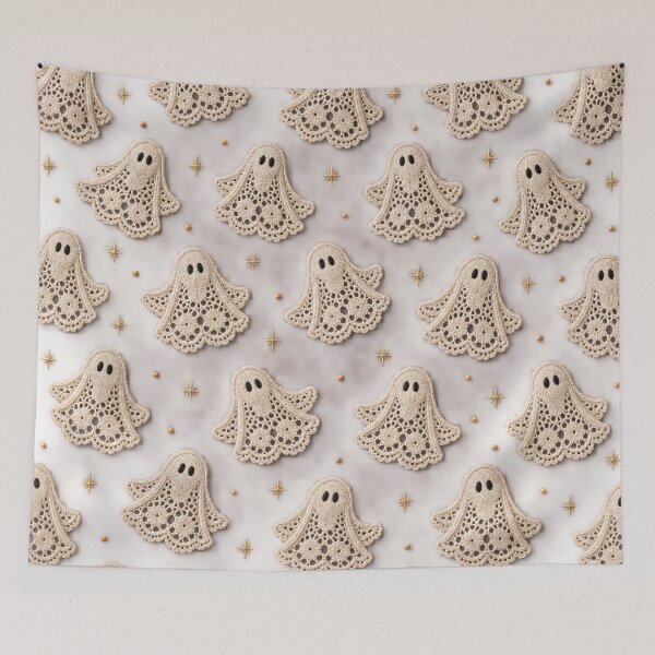 Item preview, Cute Crochet Ghosts on Dusty Mauve – Coquette Halloween Pattern designed and sold by Kaleidoscope Print.