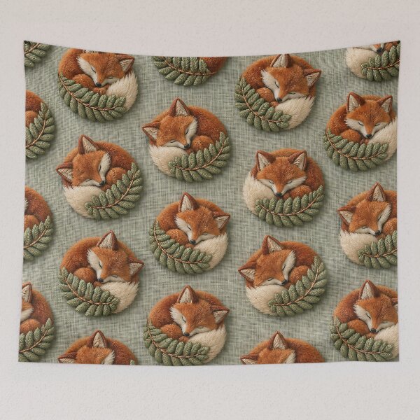 Item preview, Sleeping Foxes on Sage Green Linen – Cute Embroidered Woodland Pattern designed and sold by Kaleidoscope Print.