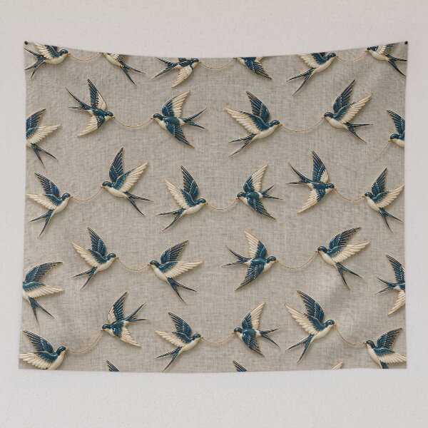 Item preview, Blue Swallows Carrying Golden Threads – Elegant Vintage Bird Pattern designed and sold by Kaleidoscope Print.