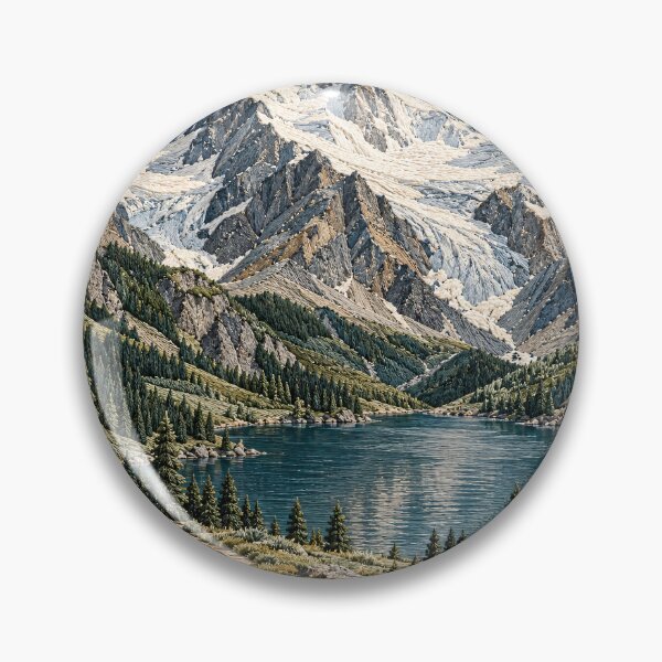 Item preview, Embroidered Alpine Mountains and Lake – Scenic Nature Textile Art Print designed and sold by Kaleidoscope Print.