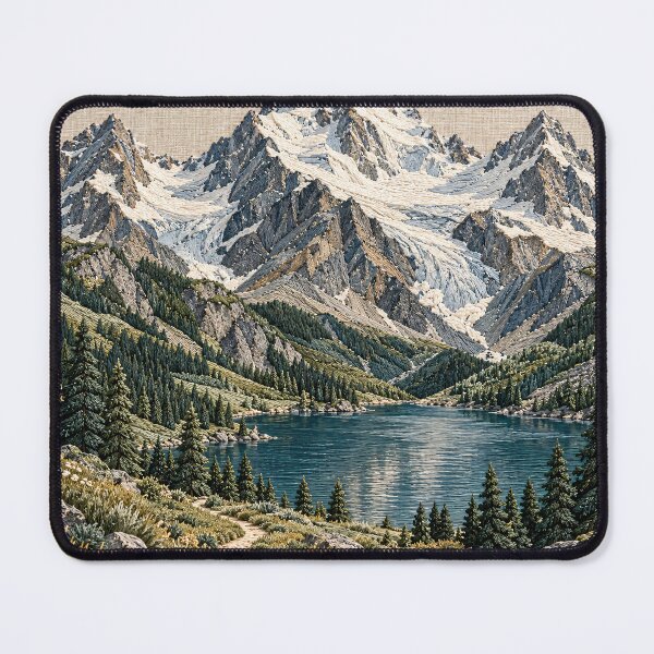 Item preview, Embroidered Alpine Mountains and Lake – Scenic Nature Textile Art Print designed and sold by Kaleidoscope Print.