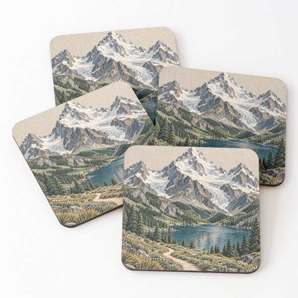 Item preview, Embroidered Alpine Mountains and Lake – Scenic Nature Textile Art Print designed and sold by Kaleidoscope Print.