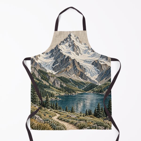 Item preview, Embroidered Alpine Mountains and Lake – Scenic Nature Textile Art Print designed and sold by Kaleidoscope Print.