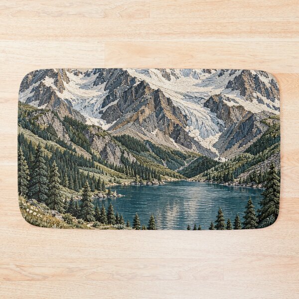 Item preview, Embroidered Alpine Mountains and Lake – Scenic Nature Textile Art Print designed and sold by Kaleidoscope Print.