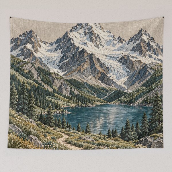 Item preview, Embroidered Alpine Mountains and Lake – Scenic Nature Textile Art Print designed and sold by Kaleidoscope Print.