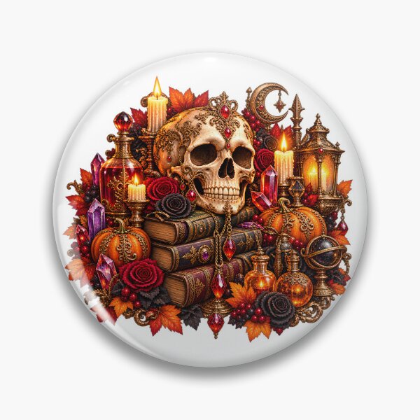 Item preview, Gilded Skull & Spellbooks – Gothic Halloween Emblem designed and sold by Clothes With Smiling Animals Walt Gral.