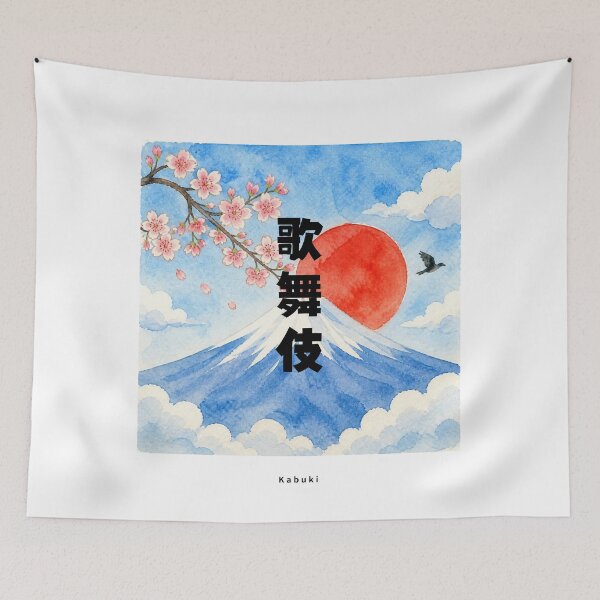 Item preview, Kabuki - Japanese Theater | Watercolor Mount Fuji & Red Sun | Japanese Design designed and sold by JapanMemoir.