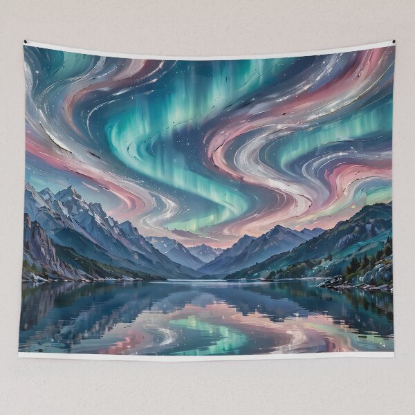 Item preview, Mountain Lake Under Aurora Ribbons — Night Reflection Art designed and sold by LunaAdventurer.