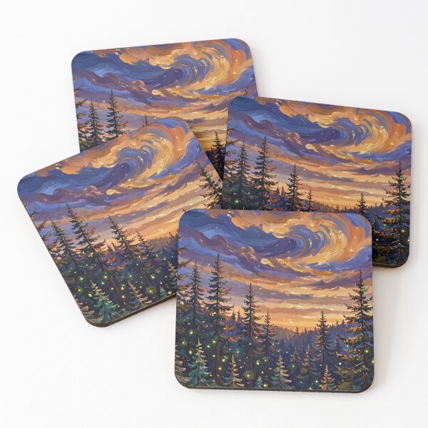 Item preview, Pine Forest at Dusk — Fireflies Under a Swirling Amber Sky designed and sold by LunaAdventurer.