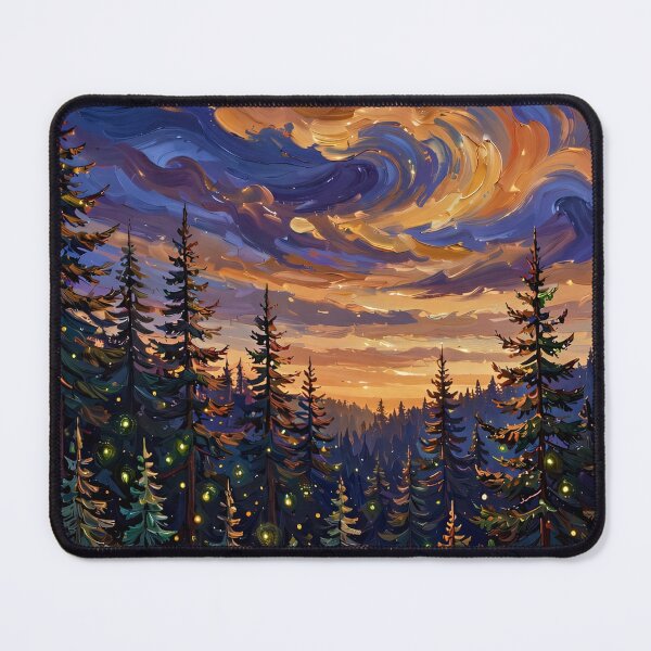 Item preview, Pine Forest at Dusk — Fireflies Under a Swirling Amber Sky designed and sold by LunaAdventurer.