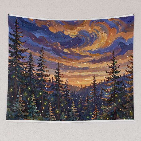 Item preview, Pine Forest at Dusk — Fireflies Under a Swirling Amber Sky designed and sold by LunaAdventurer.