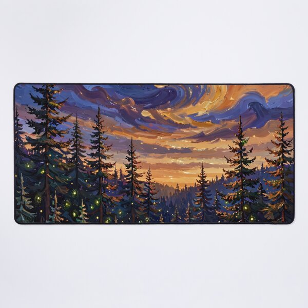 Item preview, Pine Forest at Dusk — Fireflies Under a Swirling Amber Sky designed and sold by LunaAdventurer.