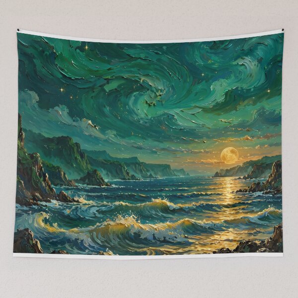 Item preview, Moonlit Ocean Coast — Emerald Waves Under a Golden Moon designed and sold by LunaAdventurer.