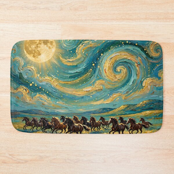Item preview, Wild Horses Galloping Under a Golden Moon — Swirling Night Sky Art designed and sold by LunaAdventurer.