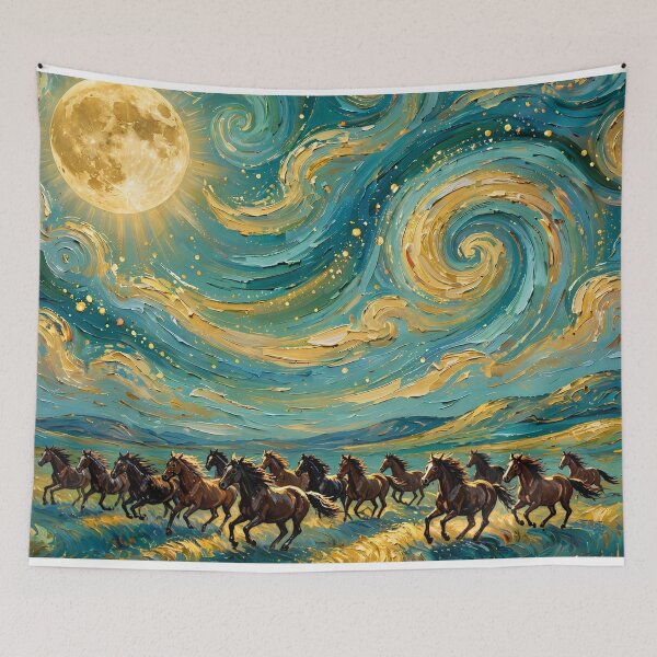 Item preview, Wild Horses Galloping Under a Golden Moon — Swirling Night Sky Art designed and sold by LunaAdventurer.