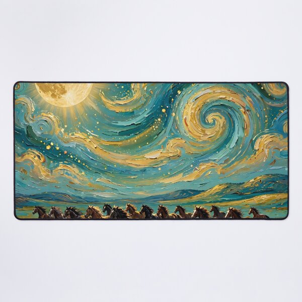 Item preview, Wild Horses Galloping Under a Golden Moon — Swirling Night Sky Art designed and sold by LunaAdventurer.