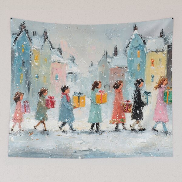 Item preview, Children Carrying Gifts Snowy Town Painting designed and sold by NatureSight.