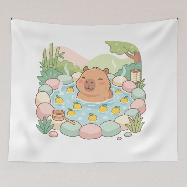 Item preview, Cute Kawaii Capybara Bathing in Hot Springs with Yuzu designed and sold by Arc2020.