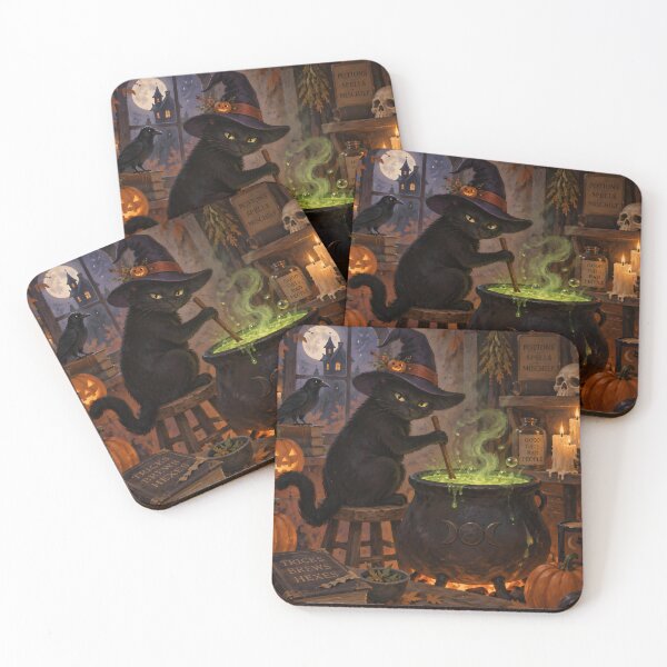 Item preview, Whimsical Black Cat Witch Brewing Green Potion Vintage Halloween Art designed and sold by GrinGalore.