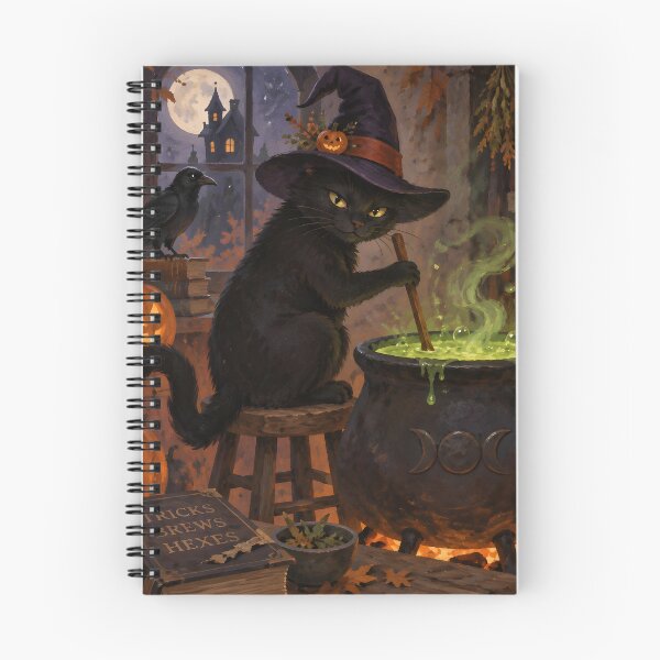 Item preview, Whimsical Black Cat Witch Brewing Green Potion Vintage Halloween Art designed and sold by GrinGalore.