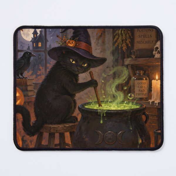 Item preview, Whimsical Black Cat Witch Brewing Green Potion Vintage Halloween Art designed and sold by GrinGalore.