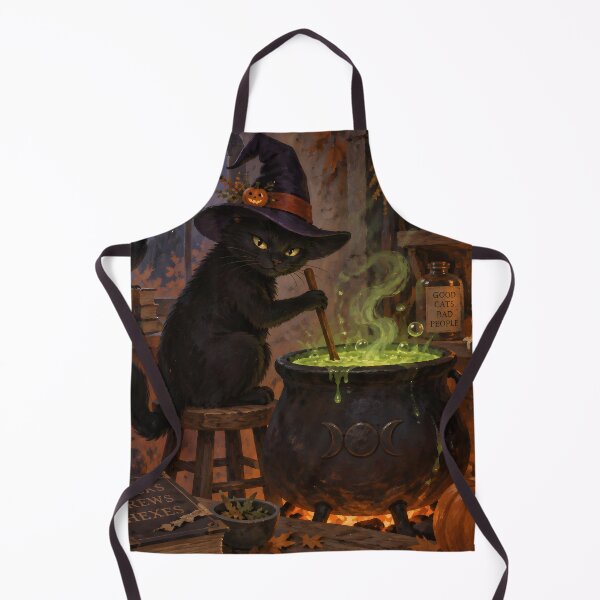 Item preview, Whimsical Black Cat Witch Brewing Green Potion Vintage Halloween Art designed and sold by GrinGalore.