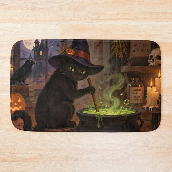 Item preview, Whimsical Black Cat Witch Brewing Green Potion Vintage Halloween Art designed and sold by GrinGalore.