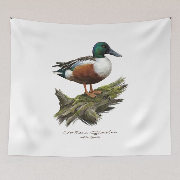 Item preview, Northern Shoveler on Mossy Log Bird Illustration designed and sold by Takeda-art.