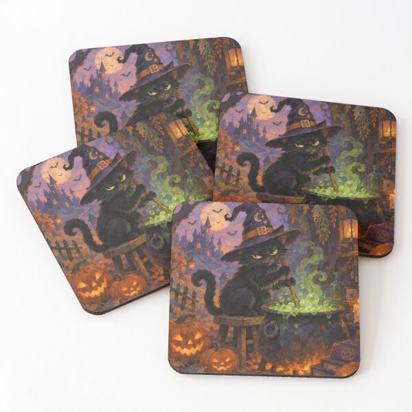 Item preview, Vintage Storybook Black Cat Witch Brewing Potion Halloween Art designed and sold by GrinGalore.