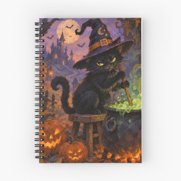 Item preview, Vintage Storybook Black Cat Witch Brewing Potion Halloween Art designed and sold by GrinGalore.