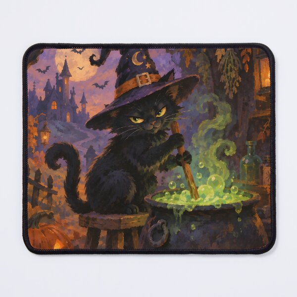 Item preview, Vintage Storybook Black Cat Witch Brewing Potion Halloween Art designed and sold by GrinGalore.