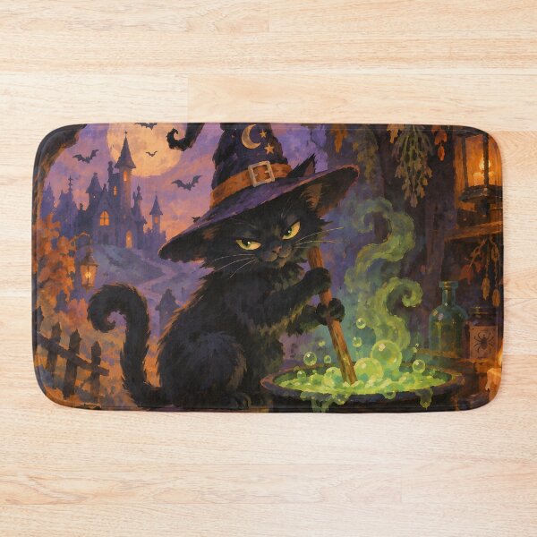 Item preview, Vintage Storybook Black Cat Witch Brewing Potion Halloween Art designed and sold by GrinGalore.